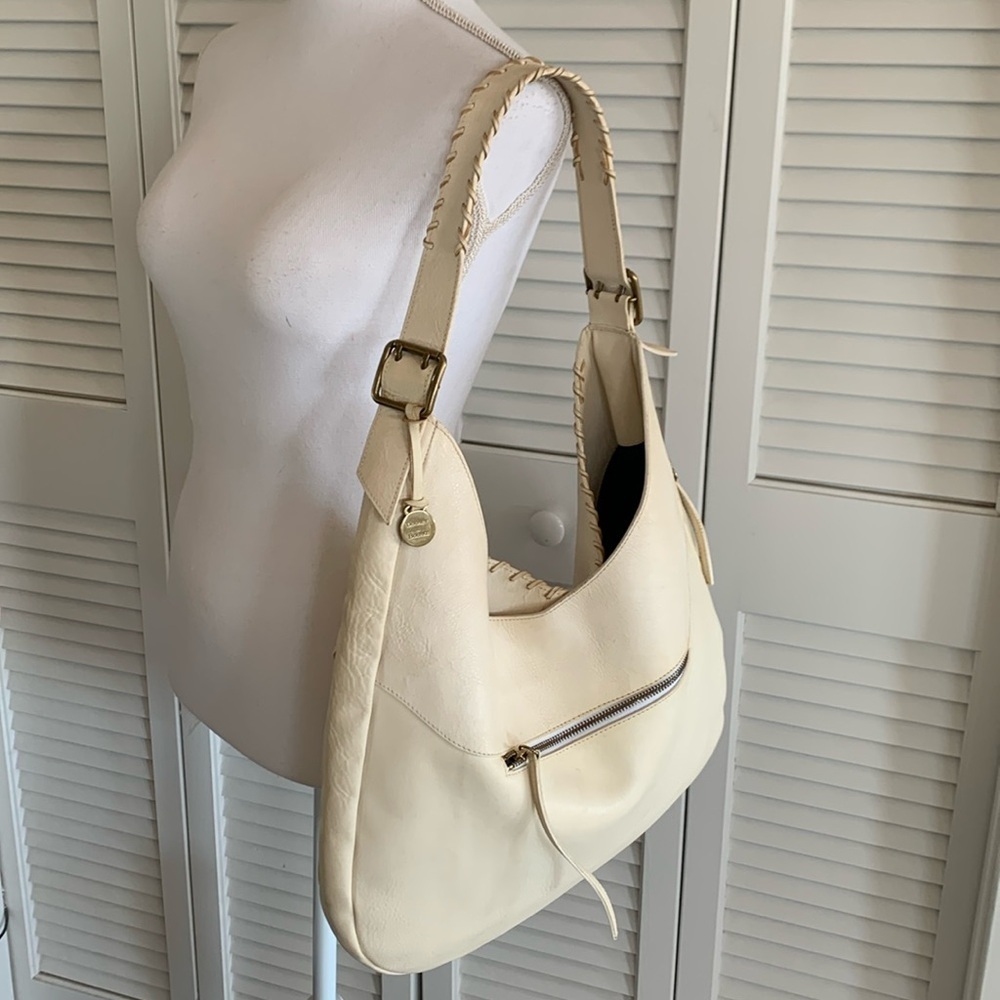 Dooney & Bourke Ivory Leather Whipstitched Large Hobo Shoulder Bag Made in Italy